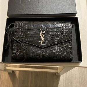 Saint Laurent Black Croc-Embossed Envelope Crossbody with Gold YSL